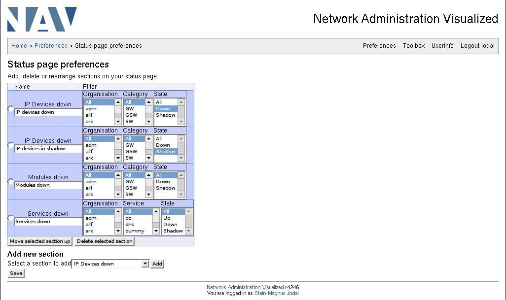 Status page preferences